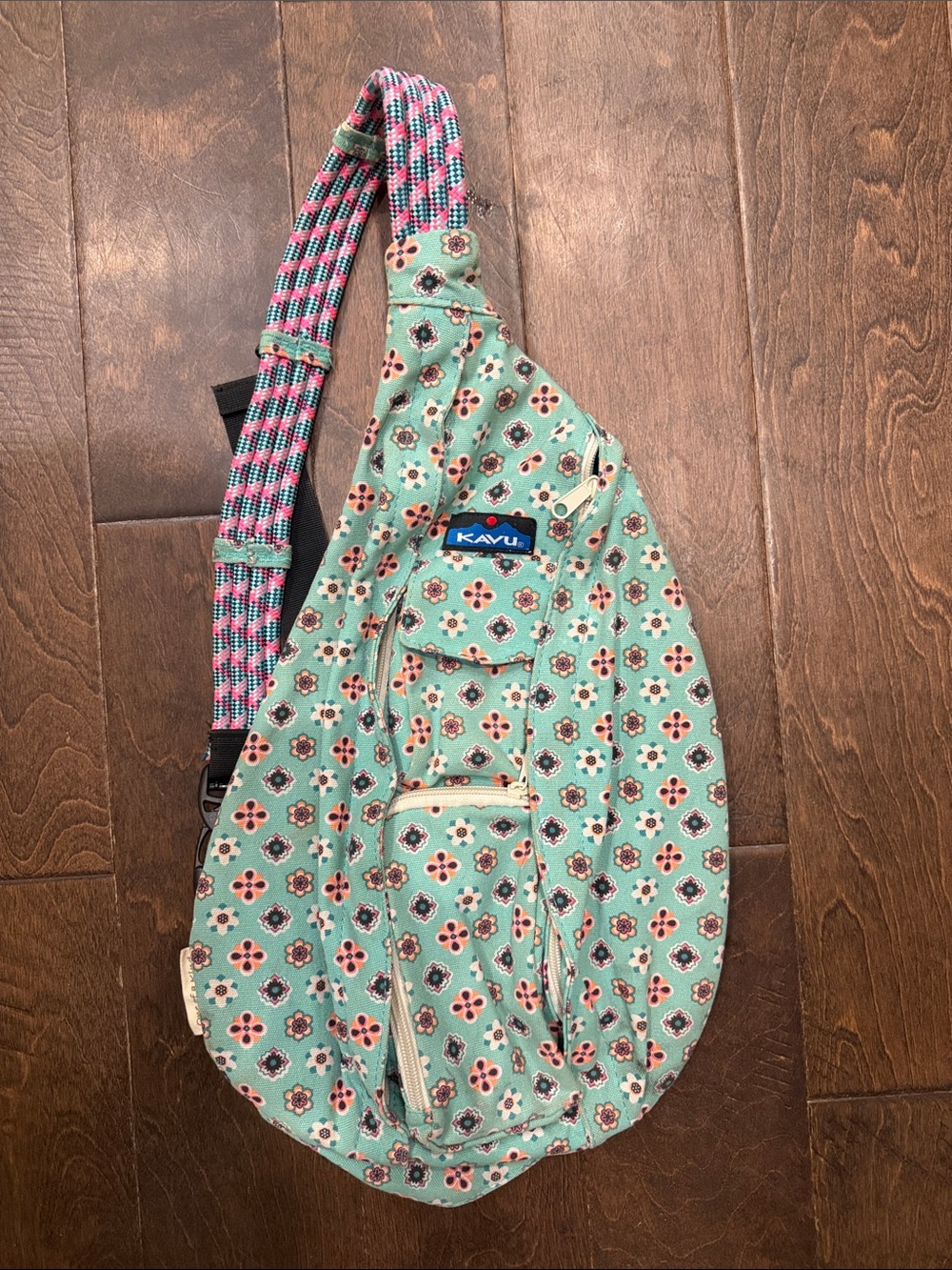 Kavu Mint Floral Sling Bag with Pink-Patterned Strap